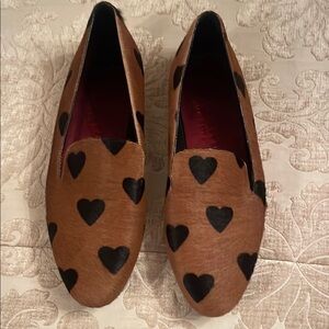 Burberry Tan Calf Hair Heart Print Loafers with Black Hearts